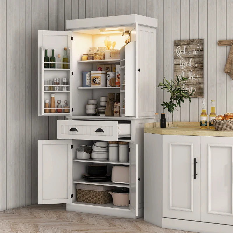 71" Kitchen Pantry Cabinet with LED Lights, 6 Spice Racks, a Drawer and 4 Adjustable Shelves, White