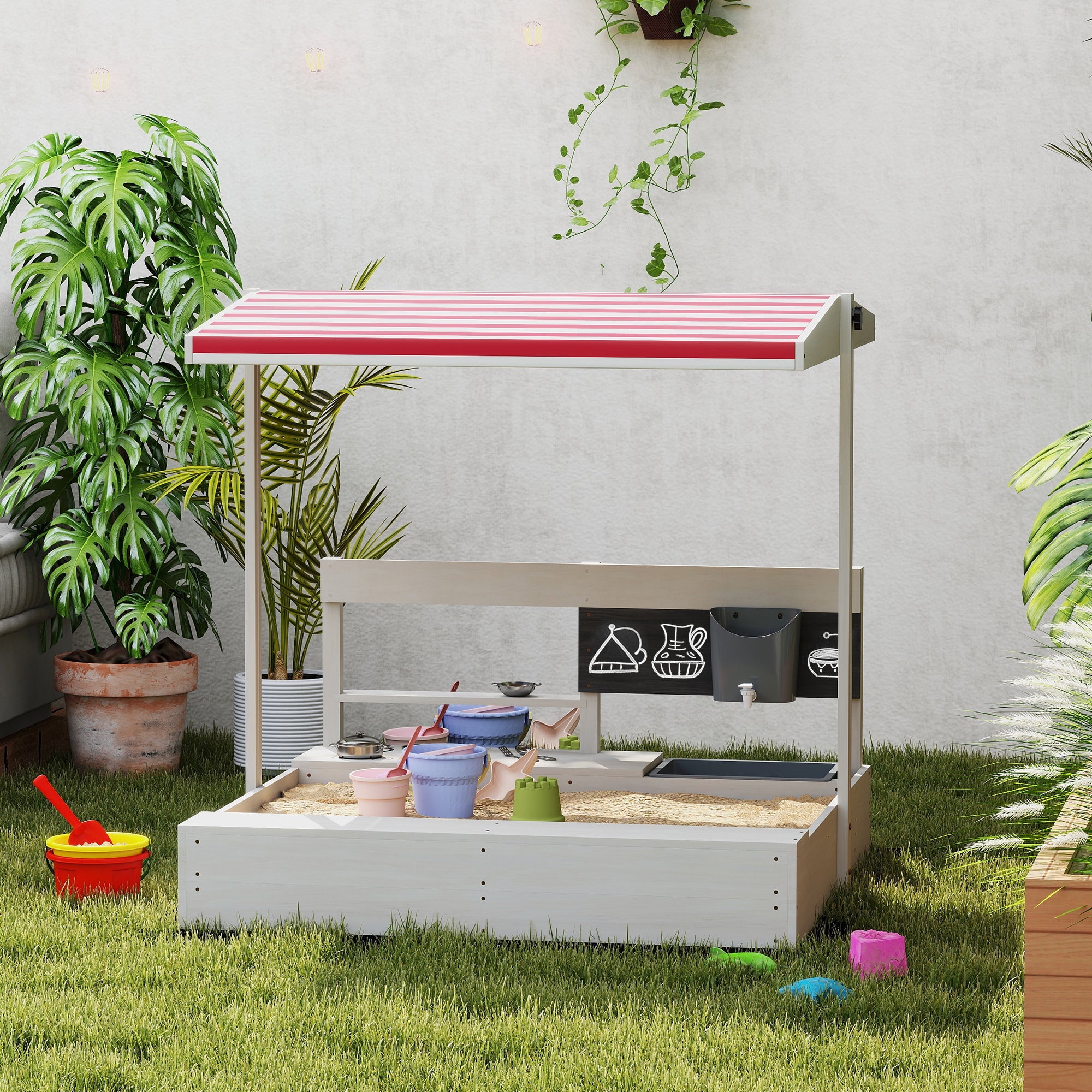 Outsunny Kids Sandbox with Canopy Wooden Sandpit Adjustable Cover Kitchen Toys Seats Storage for Ages 3-7 45x43 inch