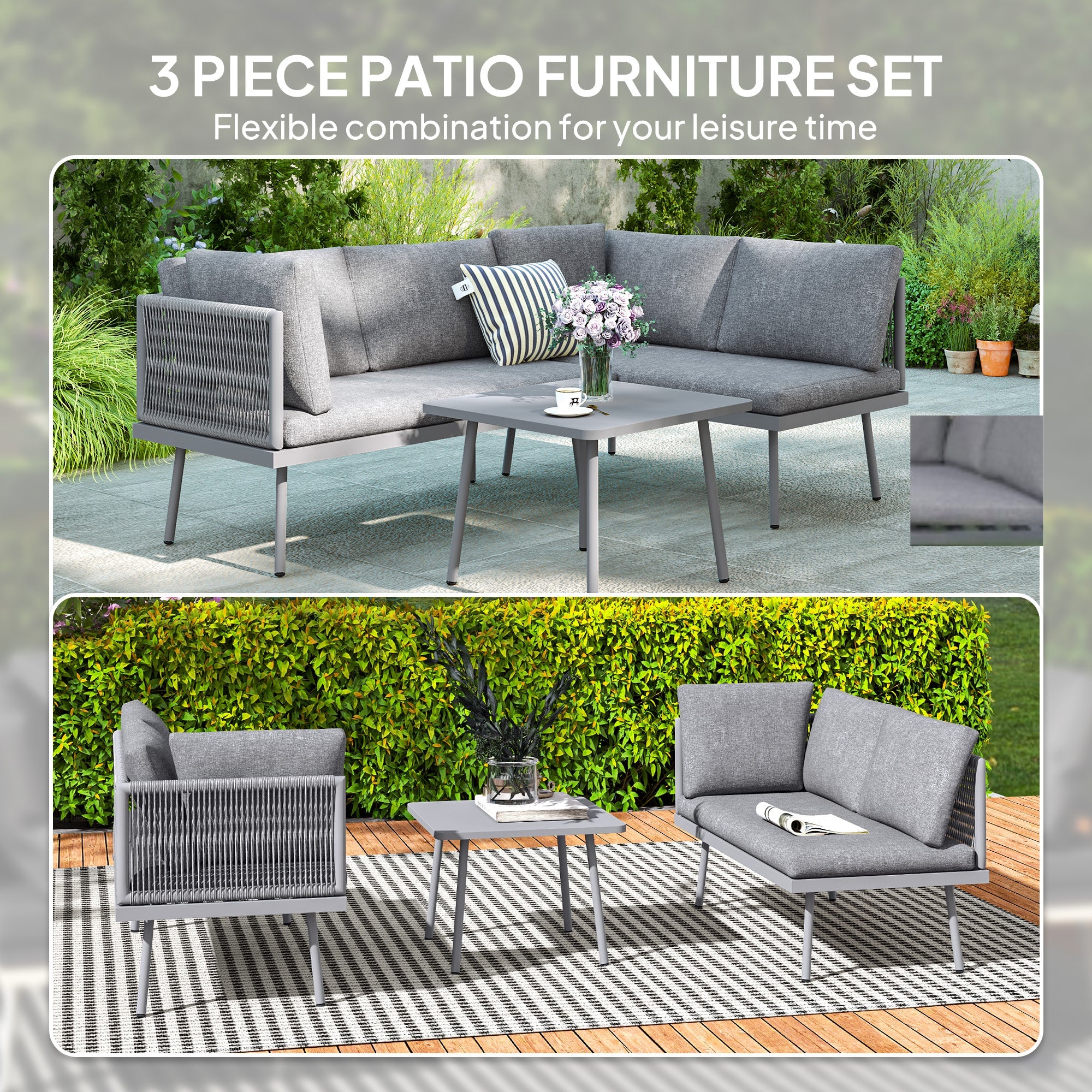Outsunny 3 Pieces Outdoor Furniture Set, L Shaped Wicker Patio Furniture Conversation Set with Cushions, Steel Table, Grey