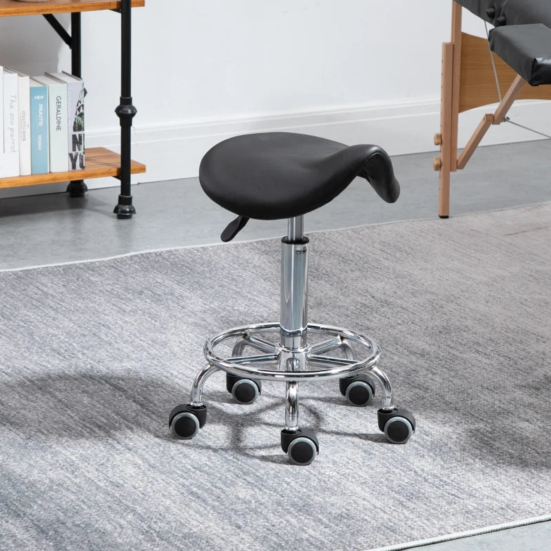 Saddle Stool, PU Leather Adjustable Rolling Salon Chair for Massage, Spa, Clinic, Beauty and Tattoo, Black