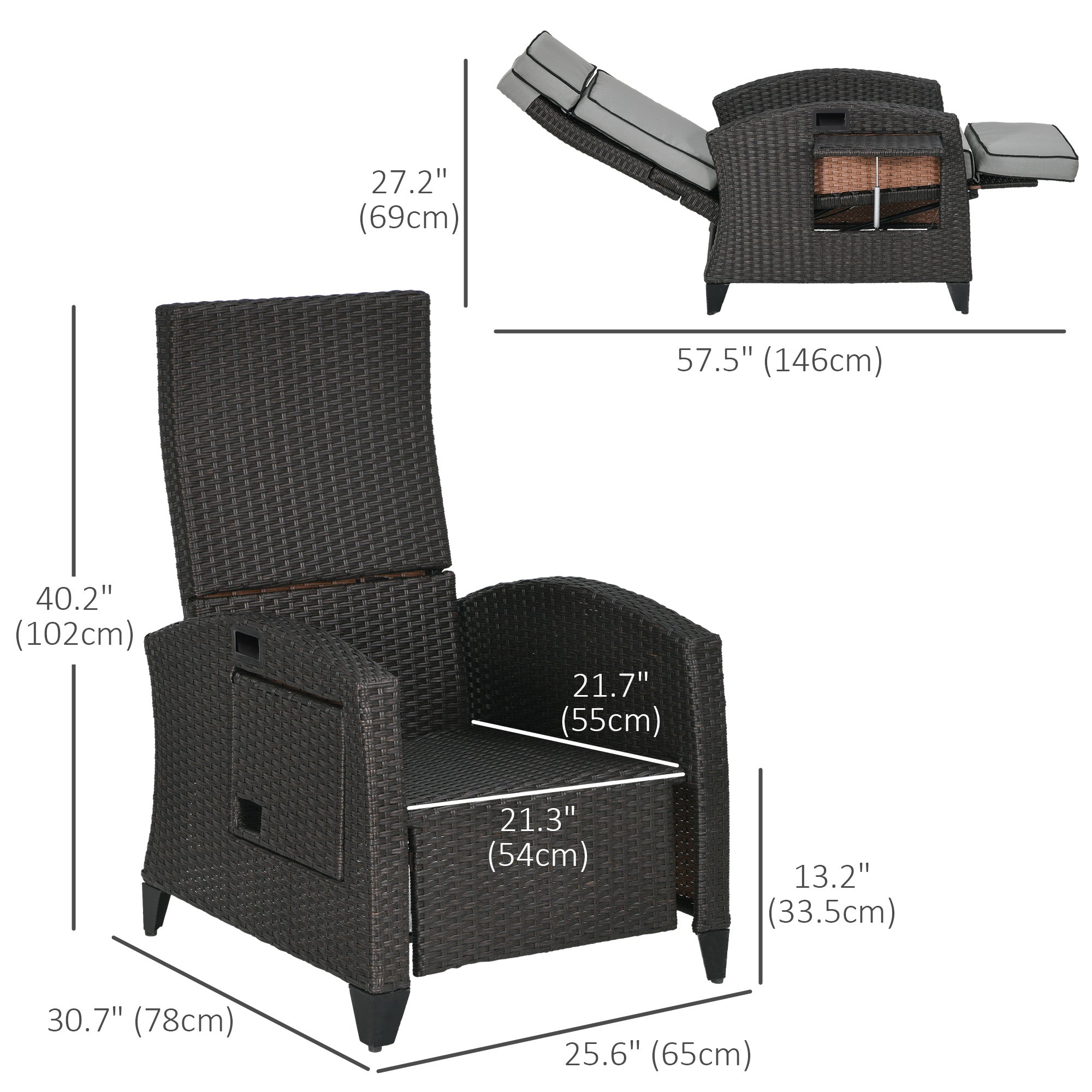 Outsunny Recliner Outdoor Chair Adjustable Backrest Side Tray Light Grey Patio Lounger Furniture