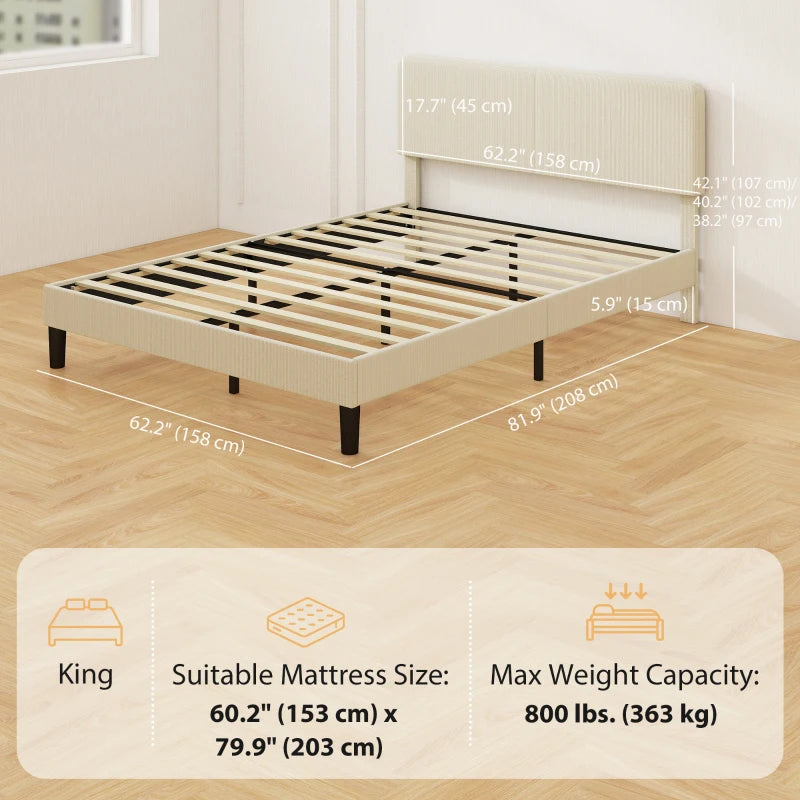 Queen Size Bed Frame with Adjustable Upholstered Headboard Platform Bed Frame Wood Slat Support Noise Free Light Grey