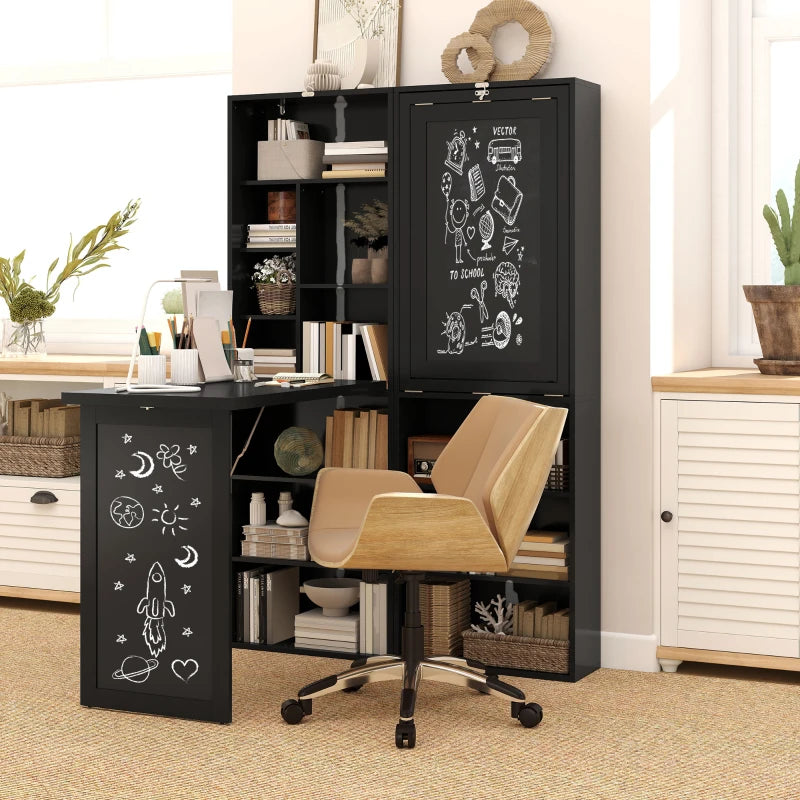 Fold-out Convertible Office Desk, Wall Mount Computer Desk with Blackboard and Side Shelf, Black