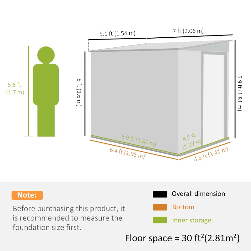 5'x7' Lean to Galvanized Metal Shed with Foundation, Garden Tool Storage House with Sliding Door and 2 Vents, Green