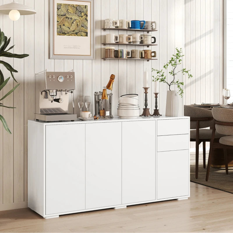 Kitchen Sideboard Storage Cabinet, Modern Coffee Bar Cabinet with Push-Open Design and 2 Drawers, Adjustable Shelving for Living Room, White