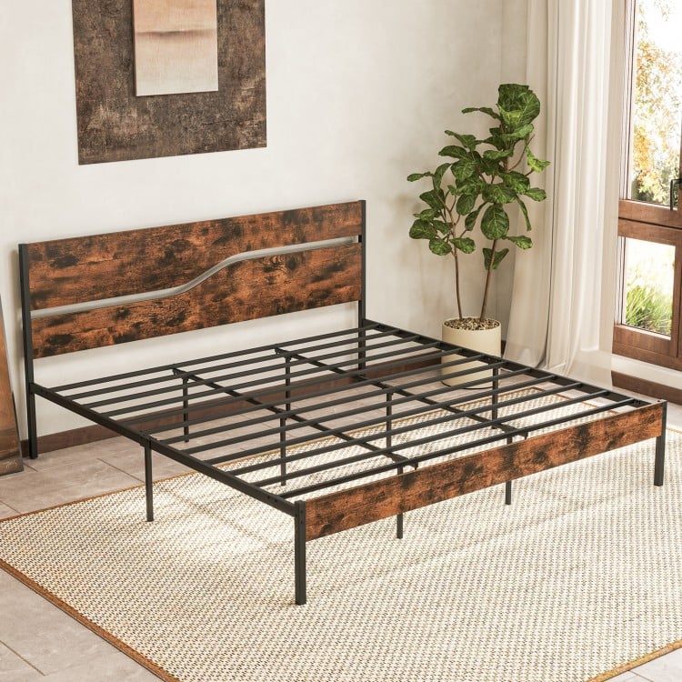 Twin/Full/Queen/King Metal Bed Frame with Wooden Headboard and Footboard-King Size