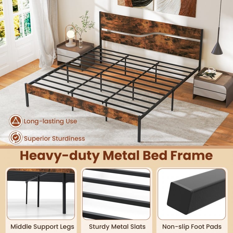 Twin/Full/Queen/King Metal Bed Frame with Wooden Headboard and Footboard-King Size