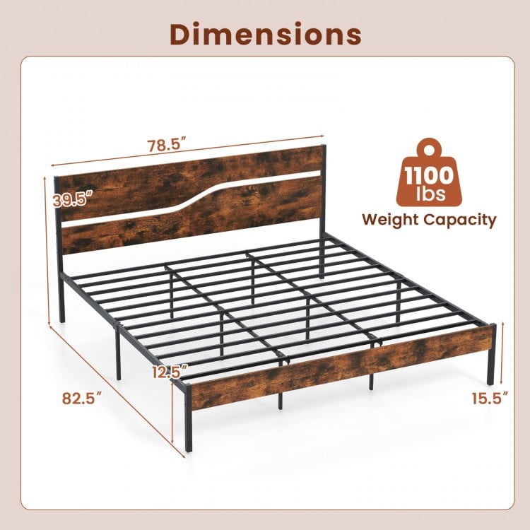 Twin/Full/Queen/King Metal Bed Frame with Wooden Headboard and Footboard-King Size