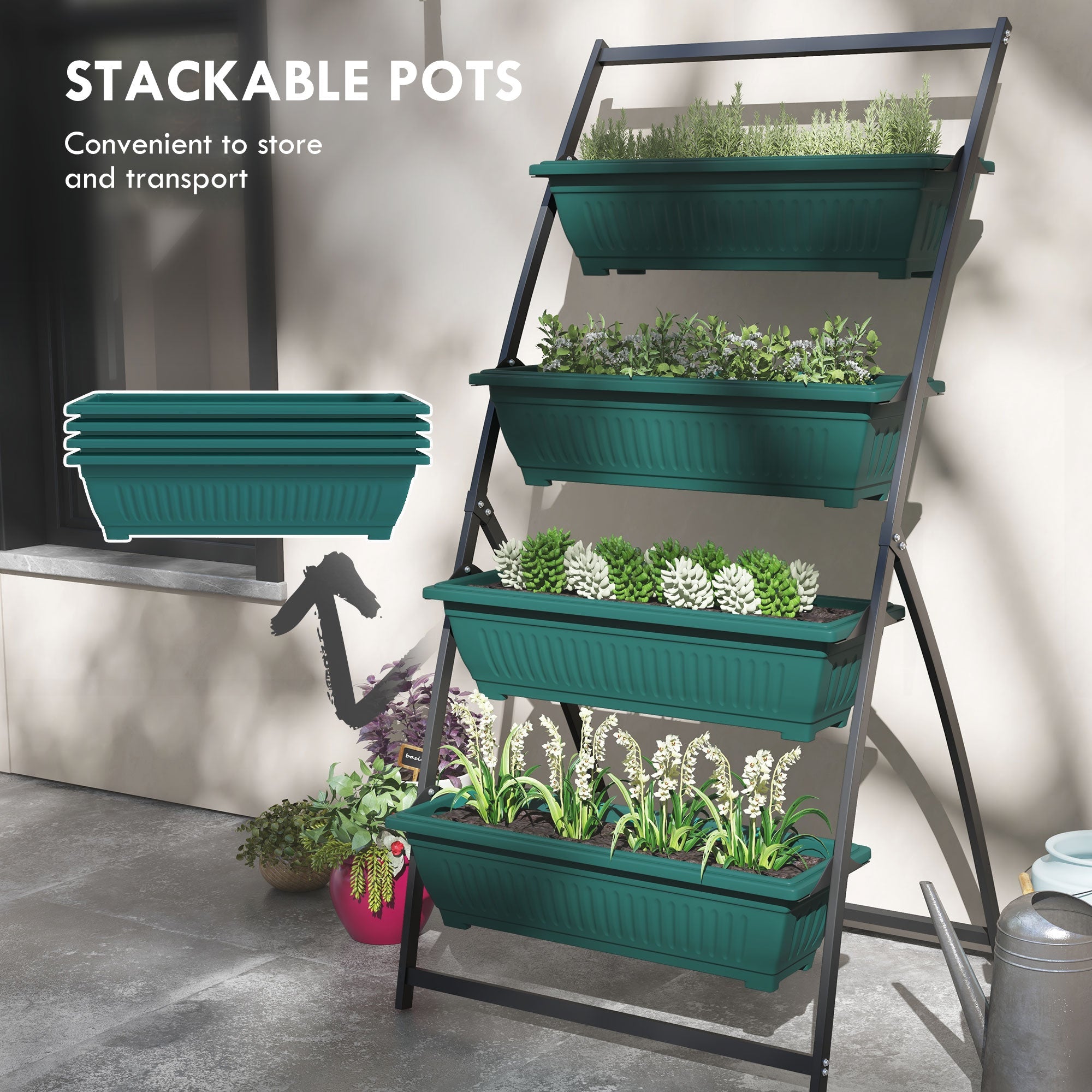 Outsunny 4-Tier Vertical Garden Planter 4 Planting Boxes Green Outdoor Stand for Vegetables Flowers Grow Container