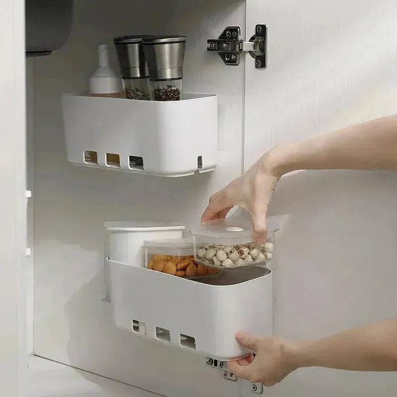 Kitchen Cabinet Retractable Storage Rack Drawer Type Multi-function Hole Free Refrigerator Bath Organizer Food Preservation Box