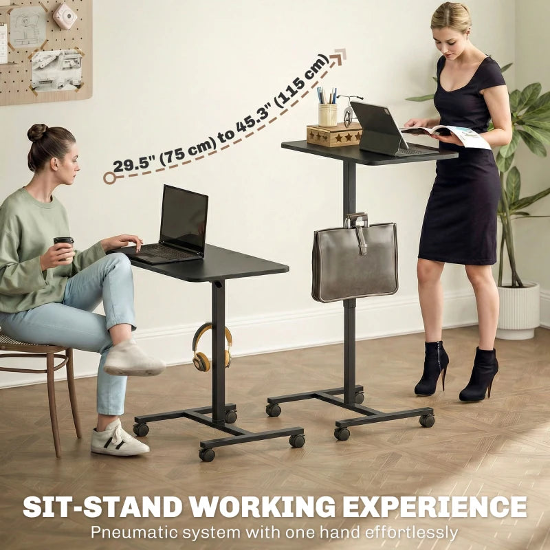 Height Adjustable Standing Desk, Pneumatic Sit Stand Desk with Wheels and Headphone Hook, Black Wood Grain