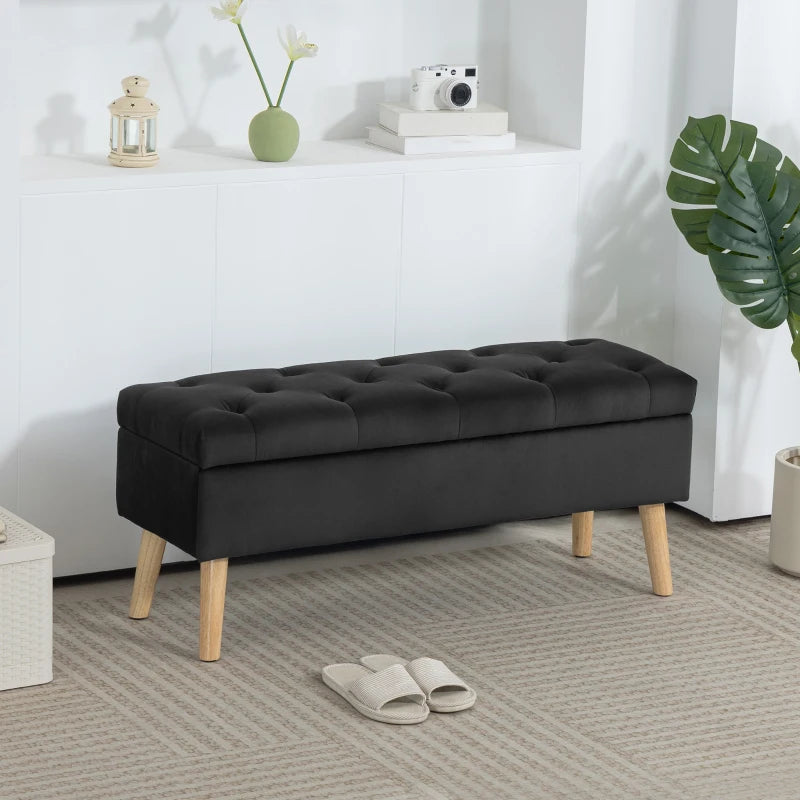 Storage Ottoman with Lid, Velvet Upholstered Storage Bench with Wood Legs for Living Room, Black
