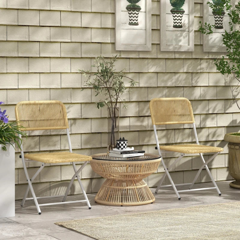 Rattan Outdoor Coffee Table, Patio End Table with Tempered Glass Tabletop & Steel Frame, Wicker Furniture, Nature Wood