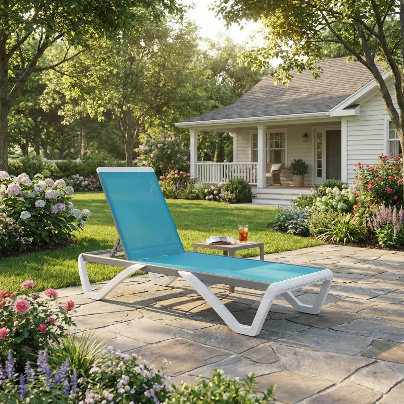 Outdoor Chaise Lounge Chair, Patio Aluminum Tanning Chair with 5-Level Adjustable Back, Portable Wheels, Turquoise