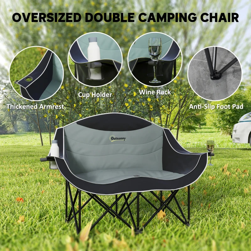 Portable Camp Chair, Double Camping Chair with Cup Holders and Carry Bag, Support 551 lbs, Black