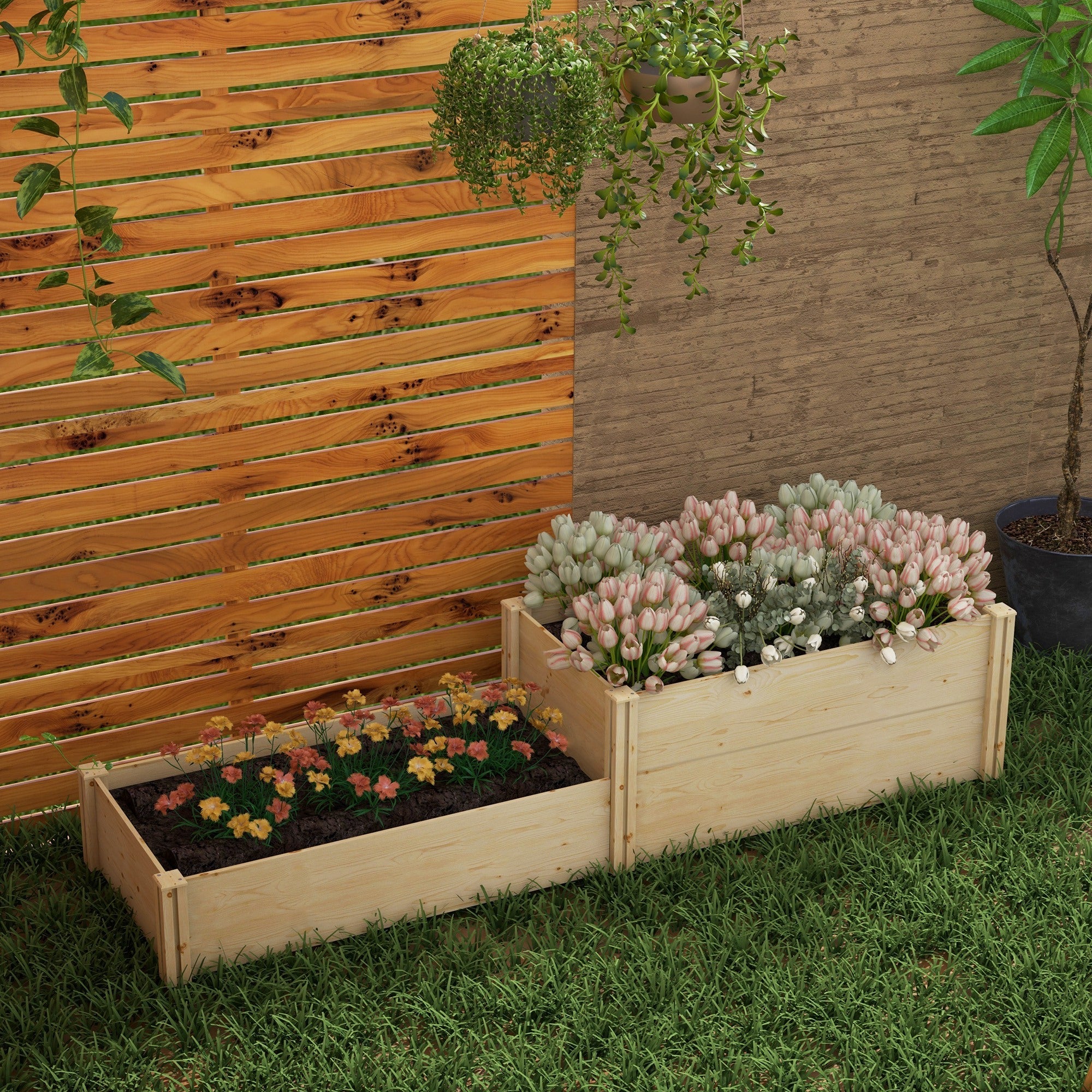 Outsunny DIY Raised Garden Bed Two-Box Wooden Planters Outdoor Patio Backyard Veggies Flowers Herbs Plants Growing Easy Assembly