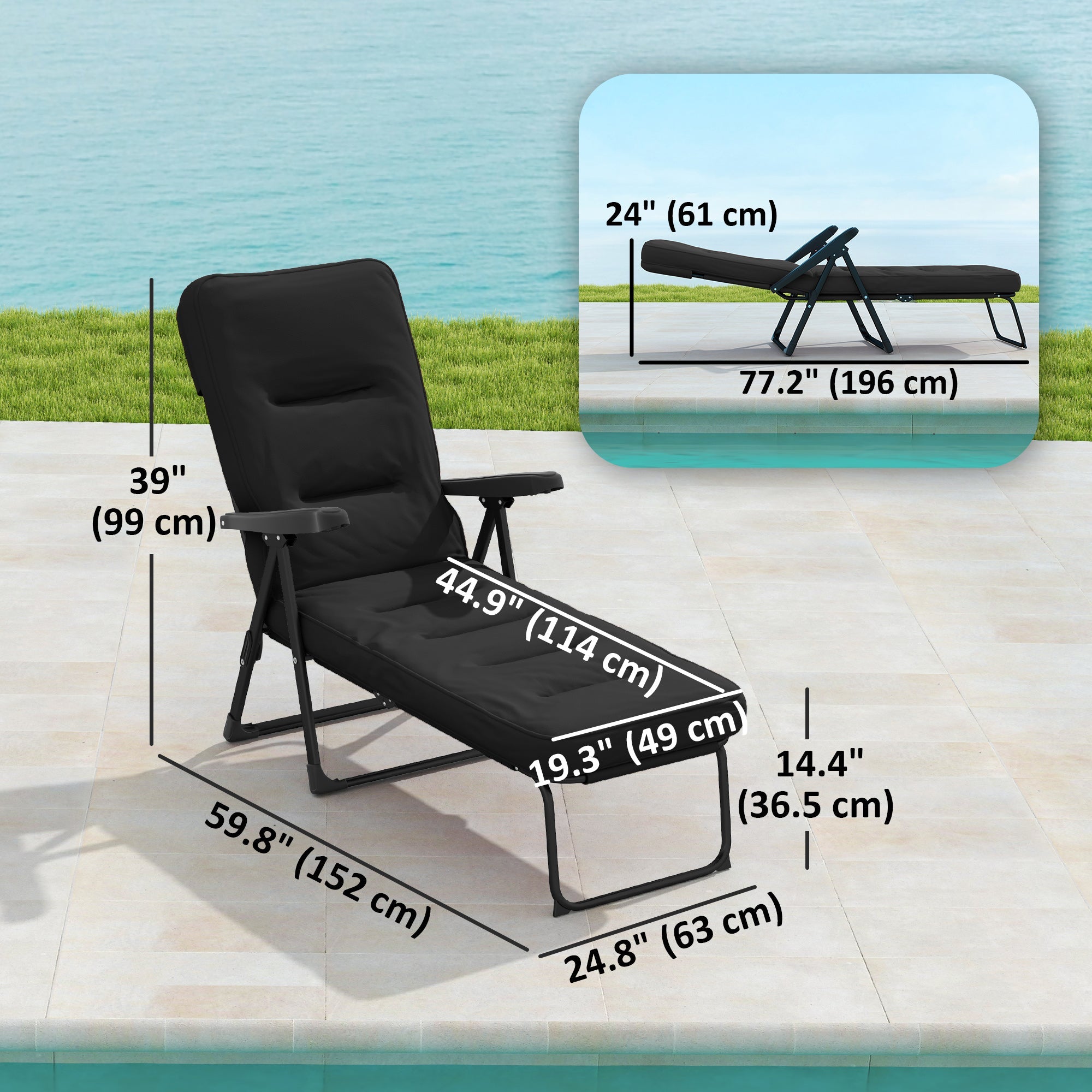 Outsunny Folding Outdoor Lounge Chair with Cushion, Adjustable Backrest, Reclining Patio Garden Chair with Footrest, Black