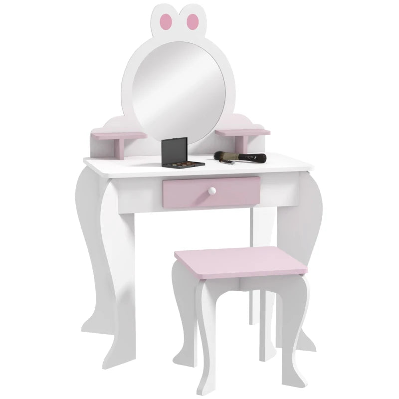Qaba Kids Makeup Vanity Set with Stool, Mirror, Drawer, Storage Boxes, Rabbit Design, White