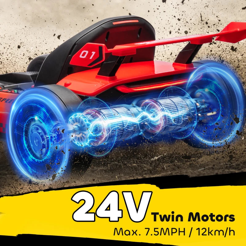 Aosom 24V Electric Go Kart, Battery Powered Kids Drift Kart with Adjustable Seat, Seat Belt, Horn, Music, Light, Red