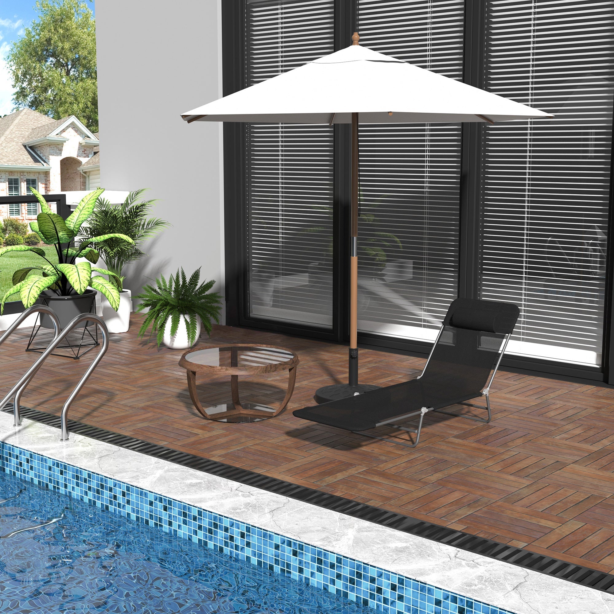 Outsunny Folding Reclining Chair Portable Garden Chaise Lounge Adjustable Outdoor Camping Beach Bed with Pillow Black