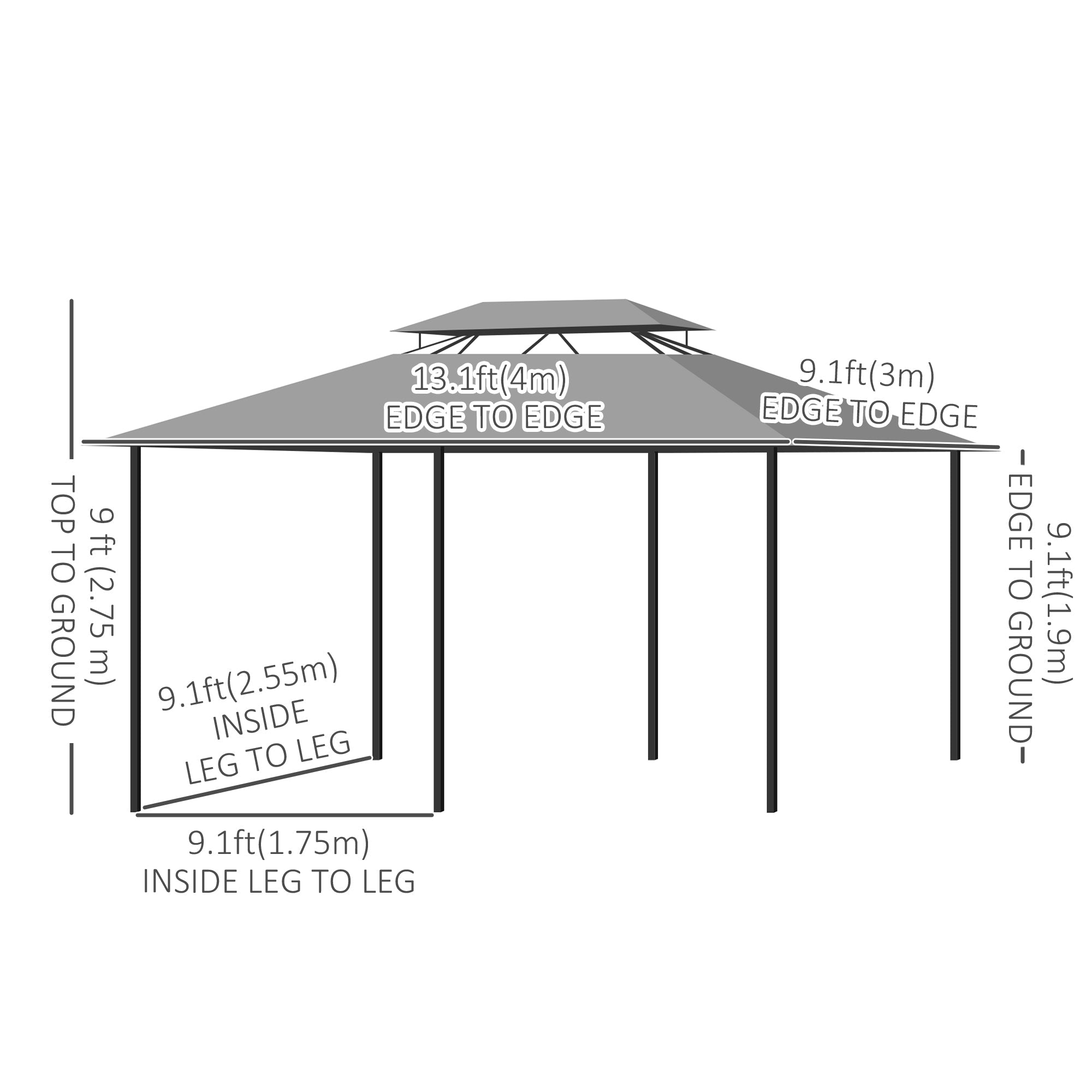 Outsunny 10' x 13' Outdoor Patio Gazebo 2-Tiers Canopy Sunshade Shelter with Curtains Dark Grey