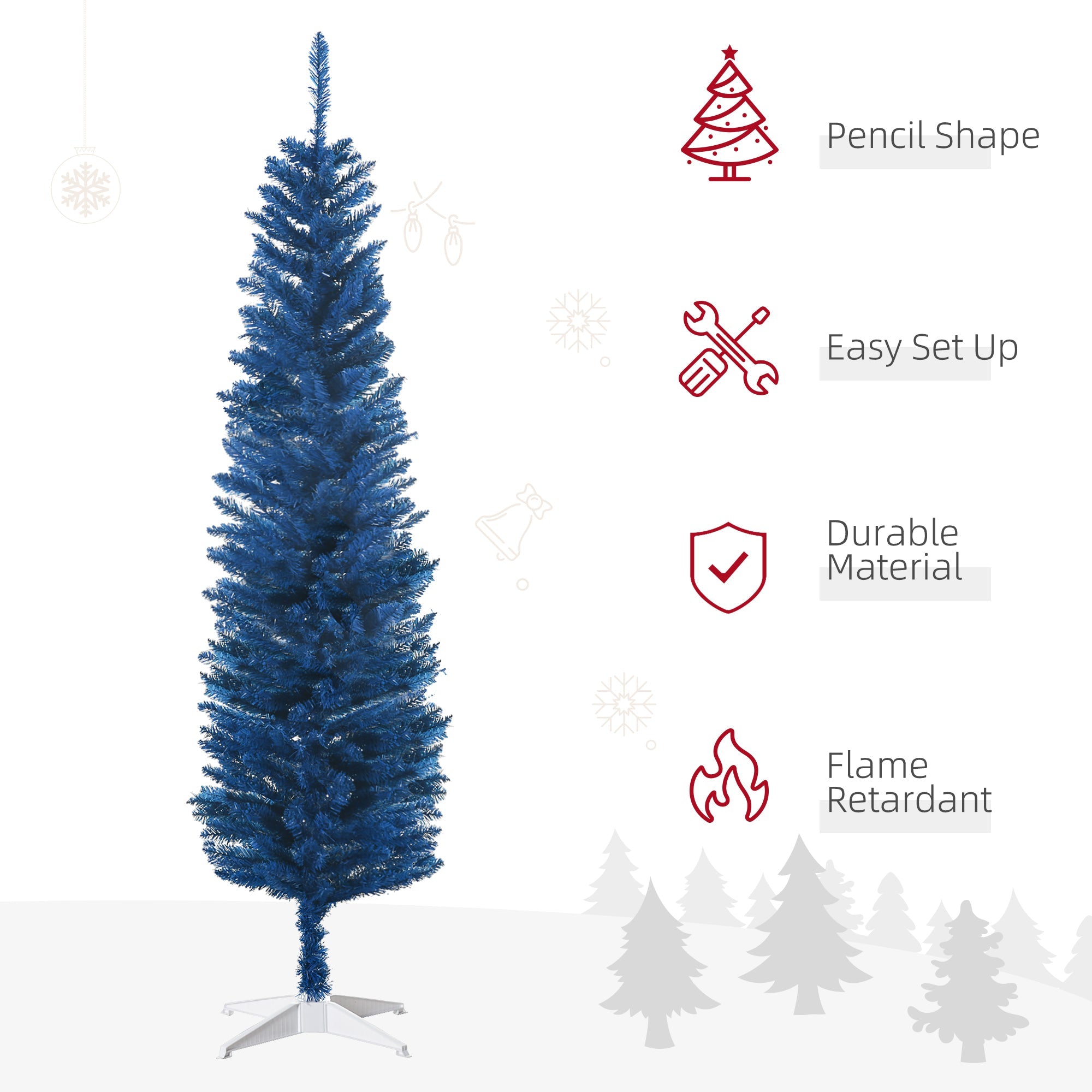 HOMCOM 6ft Deep Blue Pencil Christmas Tree, Slim Artificial Xmas Holiday Decor, Easy Setup