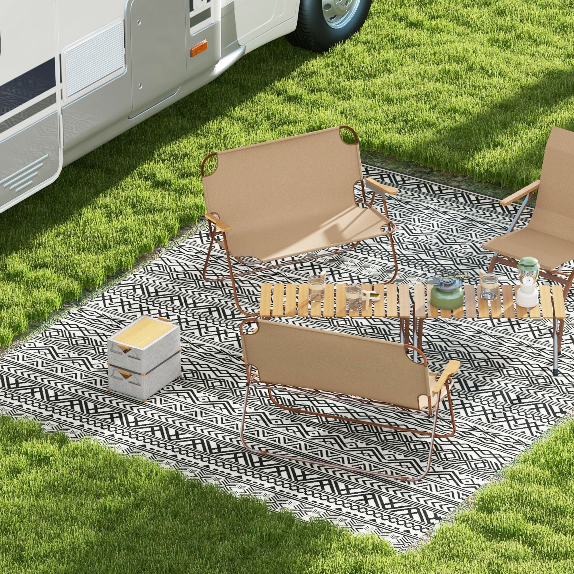 Outsunny 9'x12' Reversible Outdoor Plastic Straw RV Mat Rug with Carry Bag Grey Cream White Boho