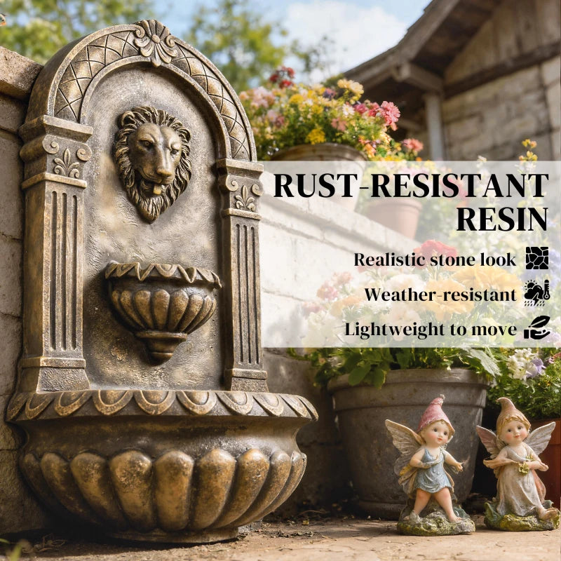 Wall-Mounted 3-Tier Outdoor Fountain, Resin Cascading Waterfall with LED Lights and Adjustable Flow, Rustic Brown