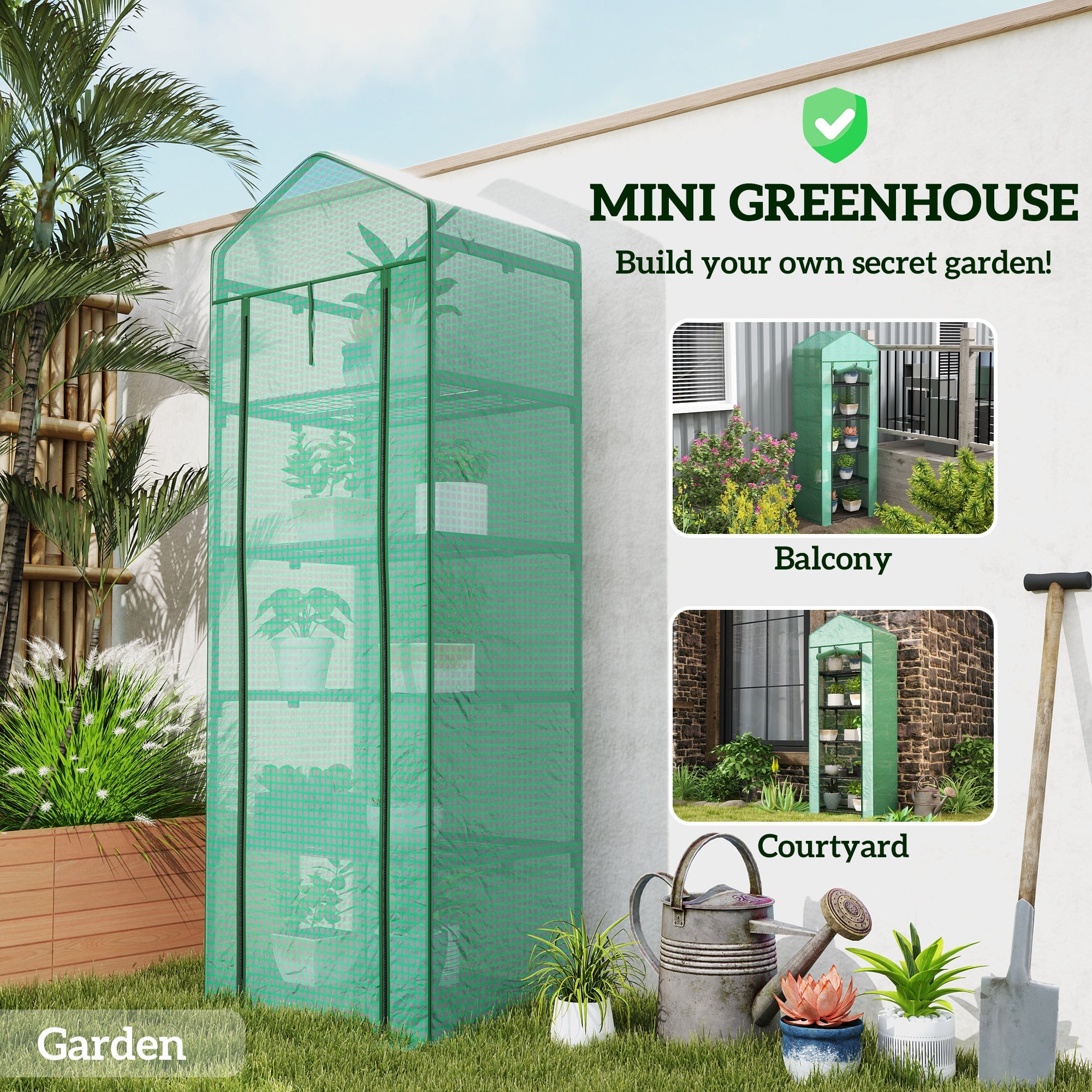 Outsunny 5 Tier Mini Greenhouse, Portable Outdoor Flower Stand with Shelf Clips, Indoor Greenhouse with PE Cover, Steel Frame, Transparent, 27.25" x 19.25" x 76", Green