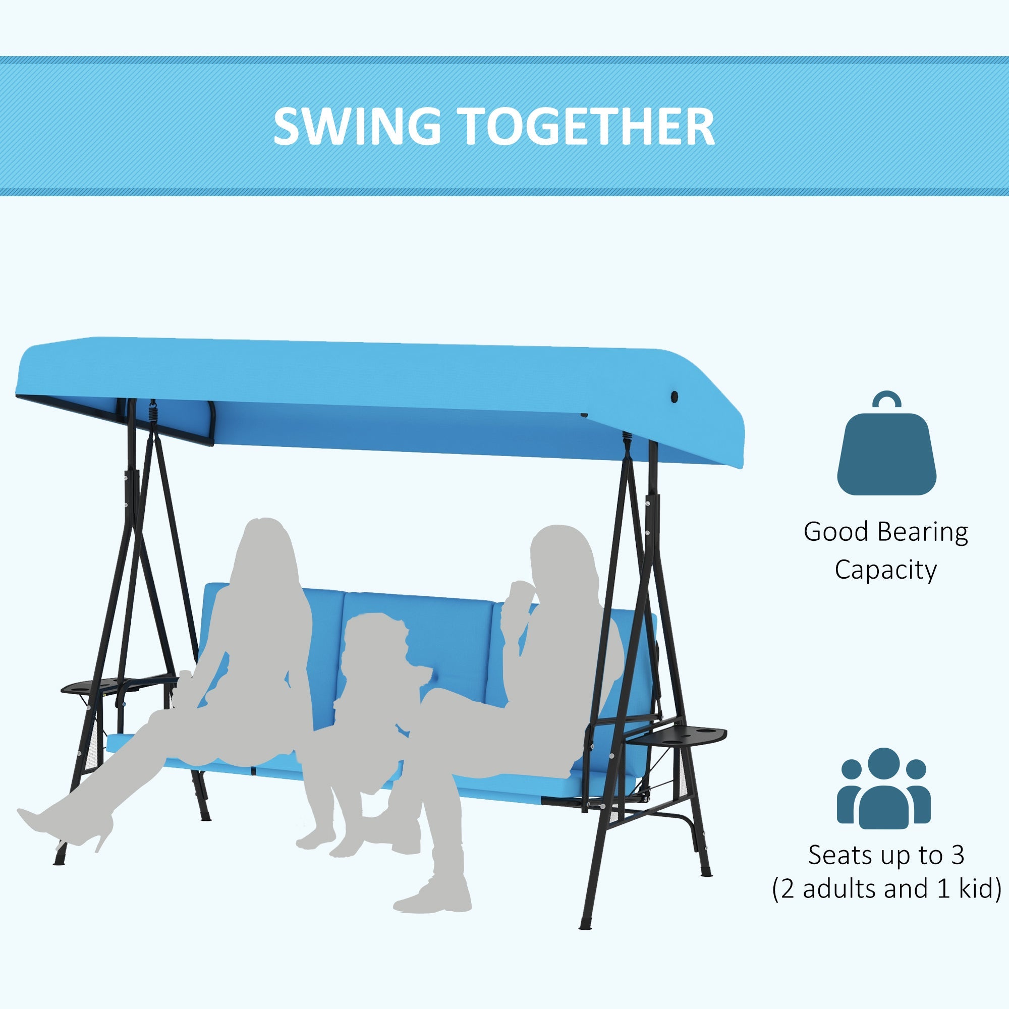 Outsunny 3-Seat Patio Swing with Adjustable Canopy & Side Tray, Outdoor Porch Swing, Removable Blue Cushion for Garden, Poolside
