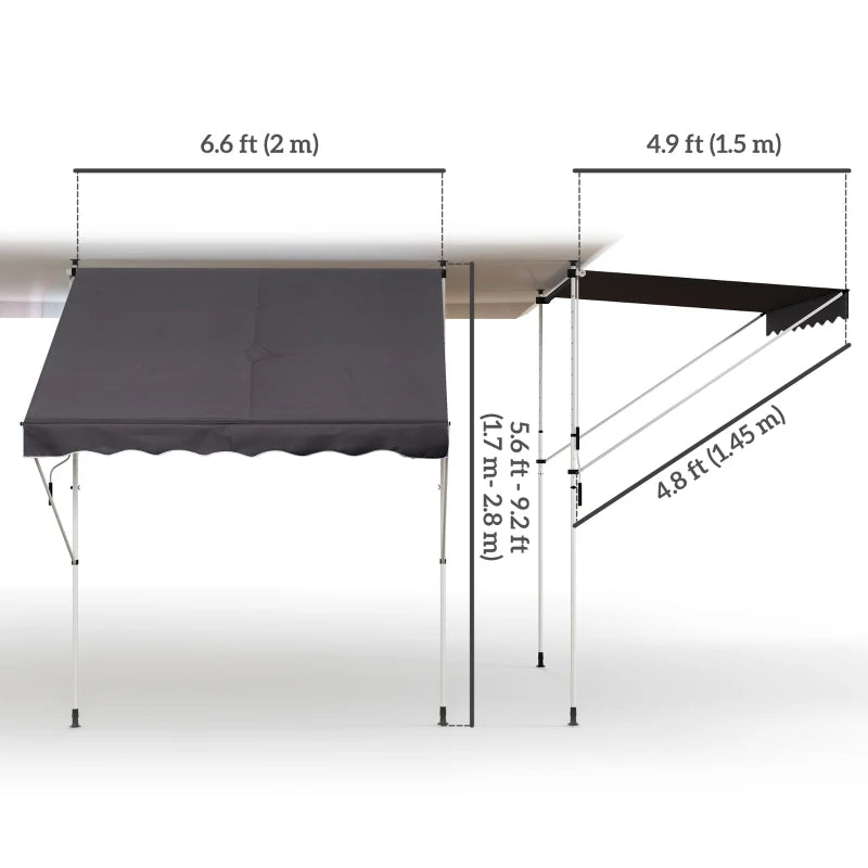 6.6'x5' Manual Retractable Patio Awning Window Door Sun Shade Deck Canopy Shelter Water Resistant UV Protector Grey