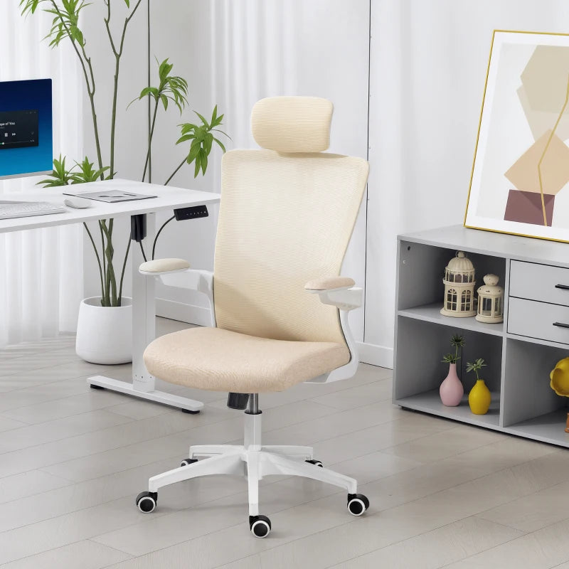 Ergonomic Office Chair, Swivel Desk Chair with Adjustable Lumbar Support, Headrest and Height, Flip-up Armrests, Beige