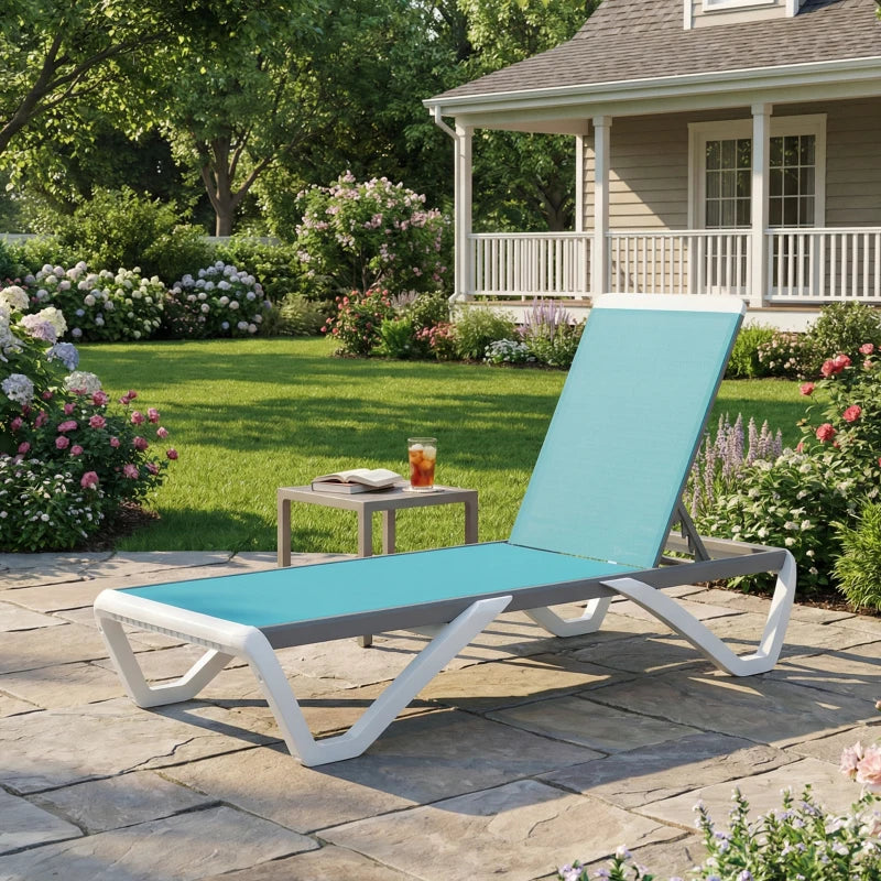 Outdoor Chaise Lounge Chair, Patio Aluminum Tanning Chair with 5-Level Adjustable Back, Portable Wheels, Turquoise