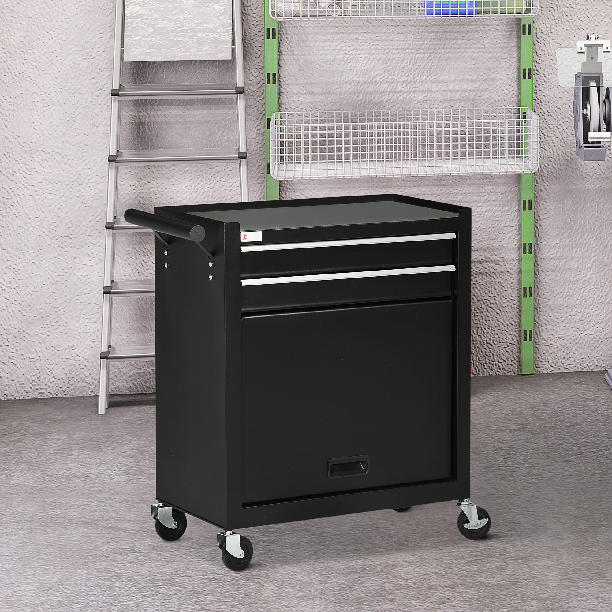 DURHAND Rolling Tool Vault: 2-Drawer Steel Chest for Warehouse & Workshop Organization, Black