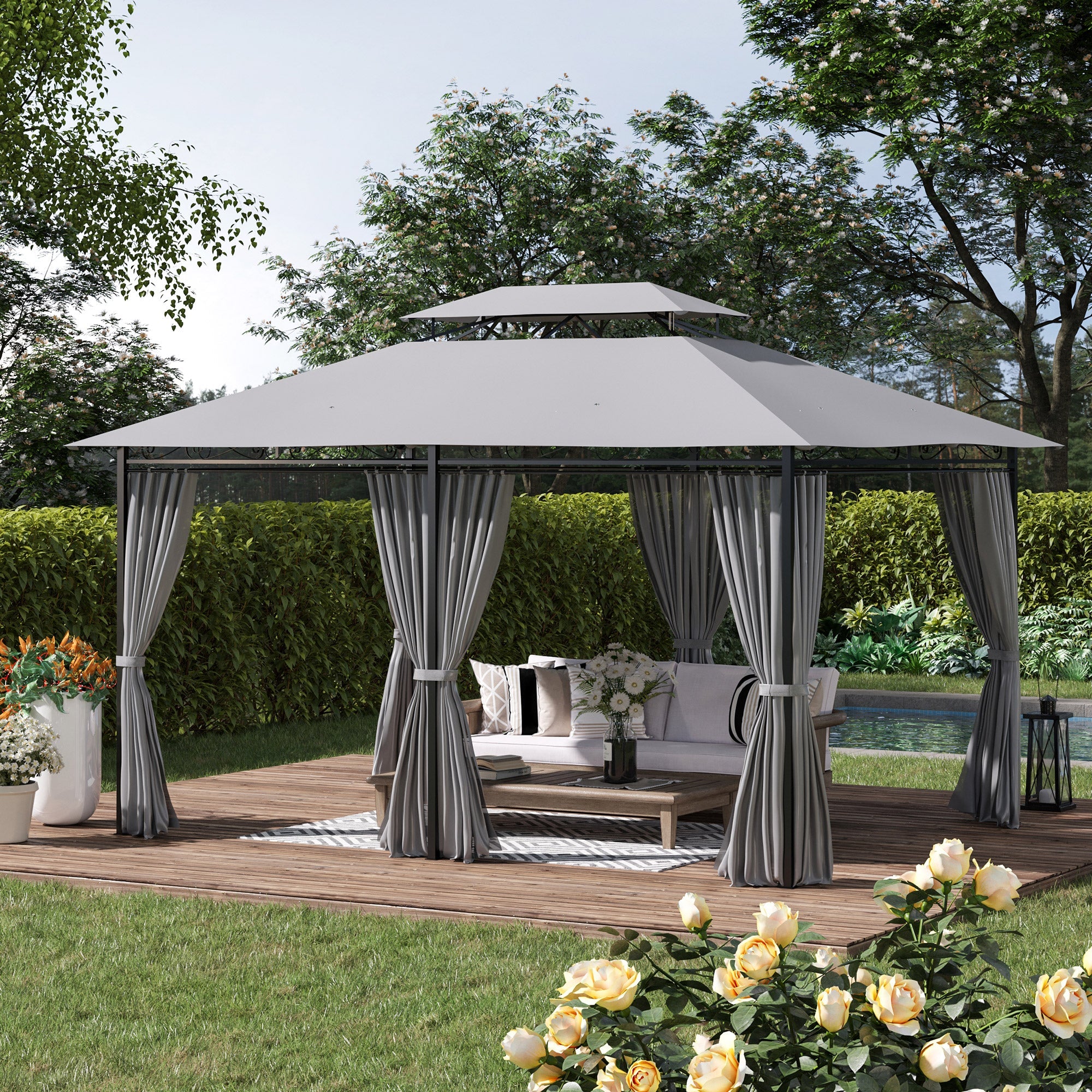 Outsunny 10' x 13' Outdoor Patio Gazebo 2-Tiers Canopy Sunshade Shelter with Curtains Dark Grey