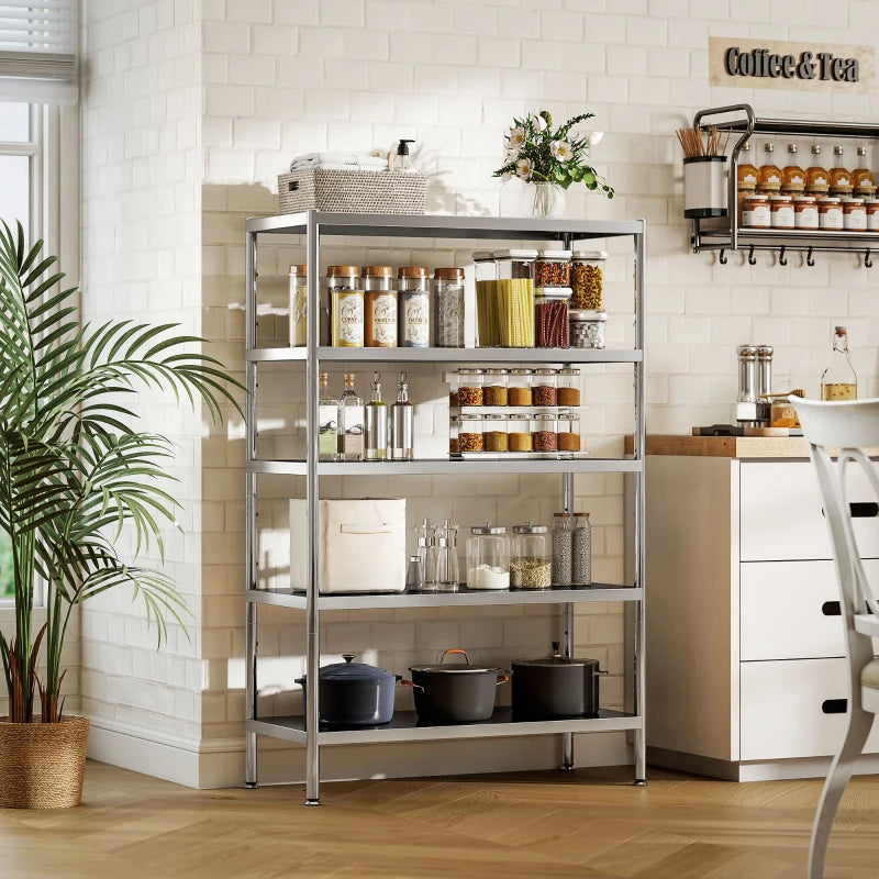 Bakers Rack, 5-Tier Stainless Steel Kitchen Storage Shelf with Adjustable Heights for Spices, Pots and Pans, Silver