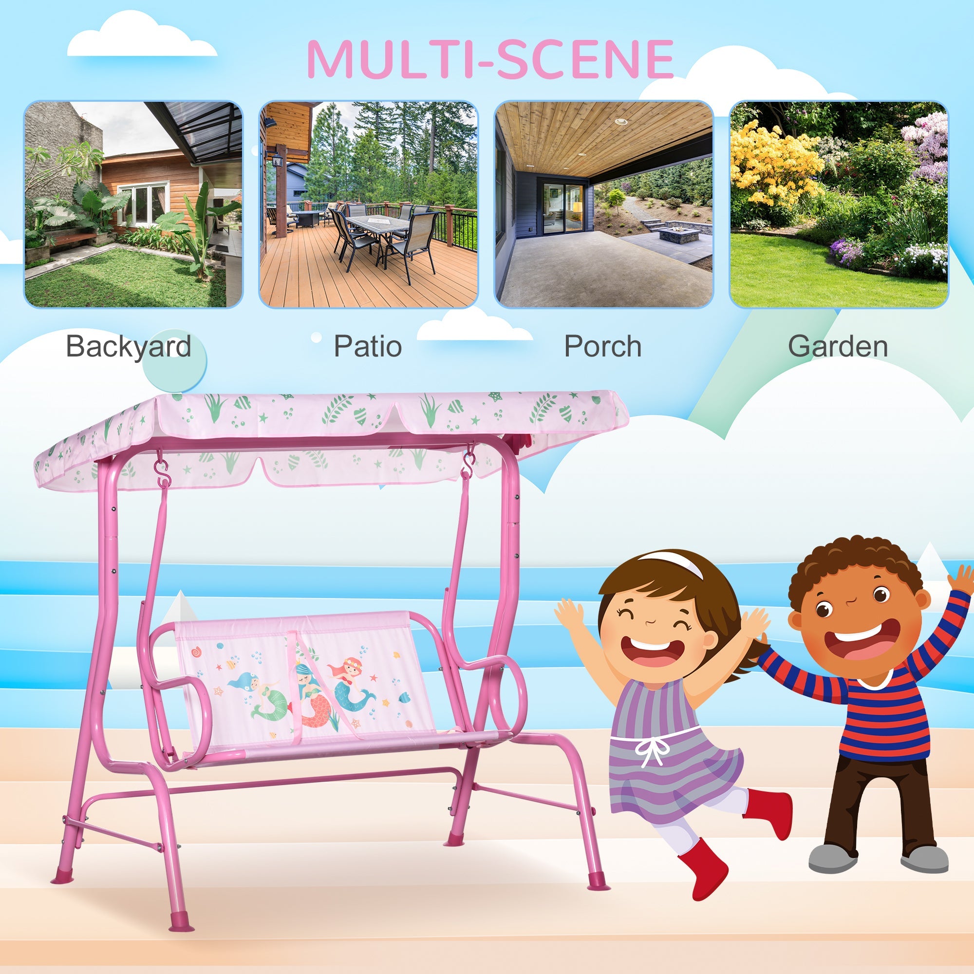 Outsunny 2-Seat Kid Swing with Canopy Mermaid Pattern Pink Outdoor Patio Chair Adjustable Awning