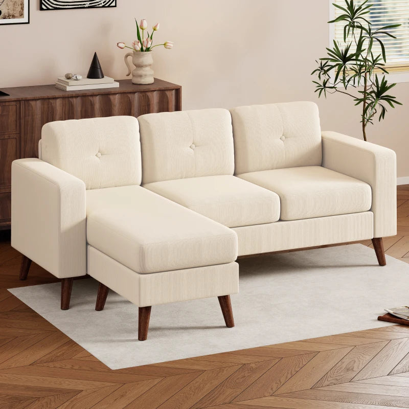Sectional Sofa with Changeable Chaise Lounge, 3 Seat L-Shaped Sofa, Upholstered Couch for Small Space, Cream White