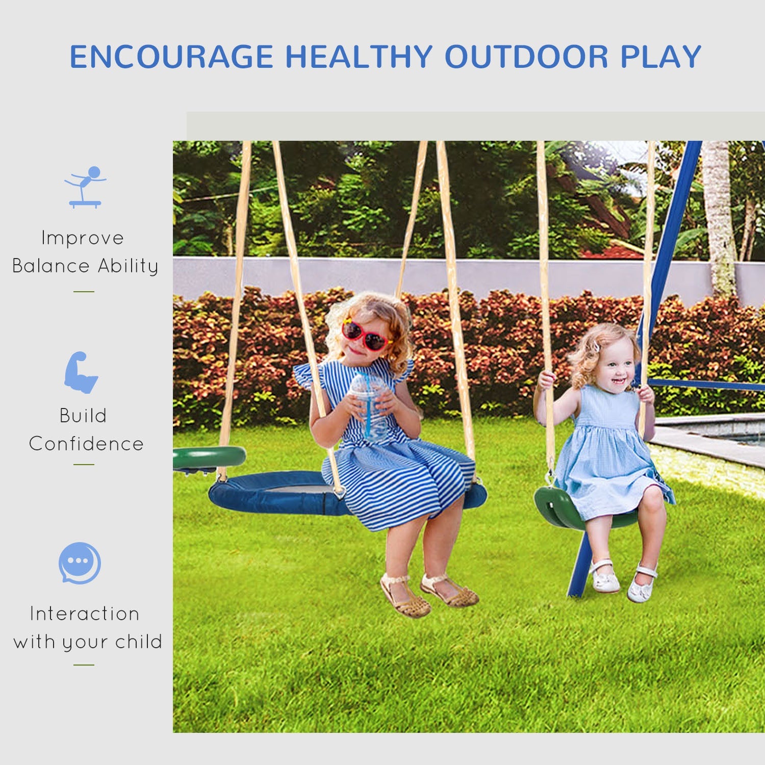 Outsunny 5 in1 Kids Swing Set with Saucer Swing, Slide, Seesaw, Glider, Swing Seat for Backyard, Playground