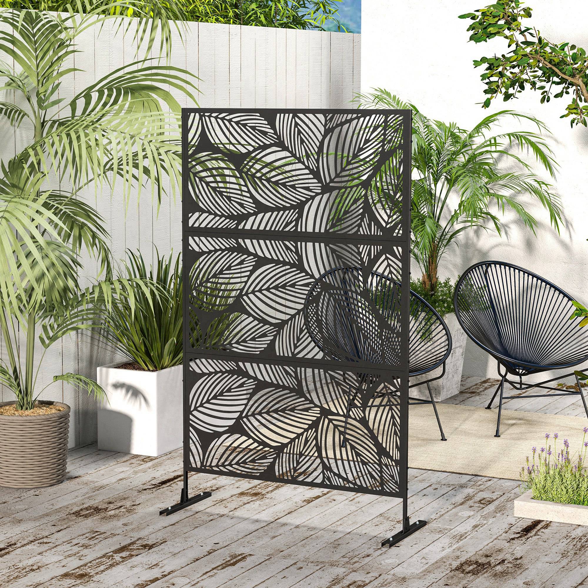 Outsunny 6.5FT Metal Privacy Screen, Decorative Outdoor Divider with Leaf Design, Black - Add Privacy & Style