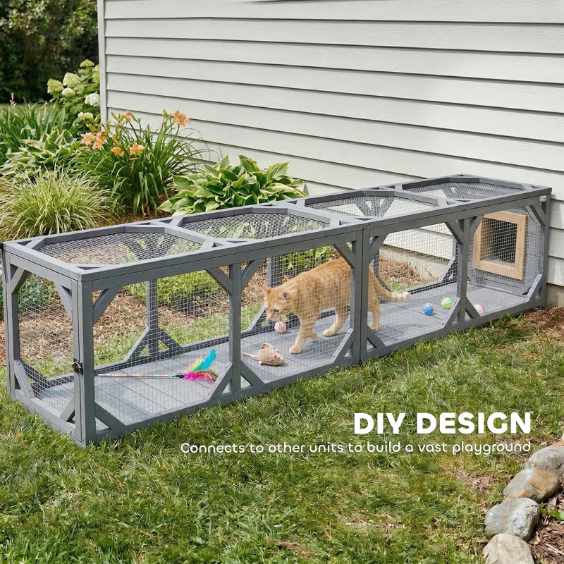 PawHut Wooden Outdoor Cat Tunnel Catio with 2 Access Doors, Wall or Floor Mount Extendable Pet Run