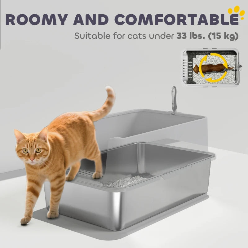 XL Stainless Steel Cat Litter Box for Big and Multiple Cats with High Wall Side, Scoop, Easy Cleaning & Odor Free