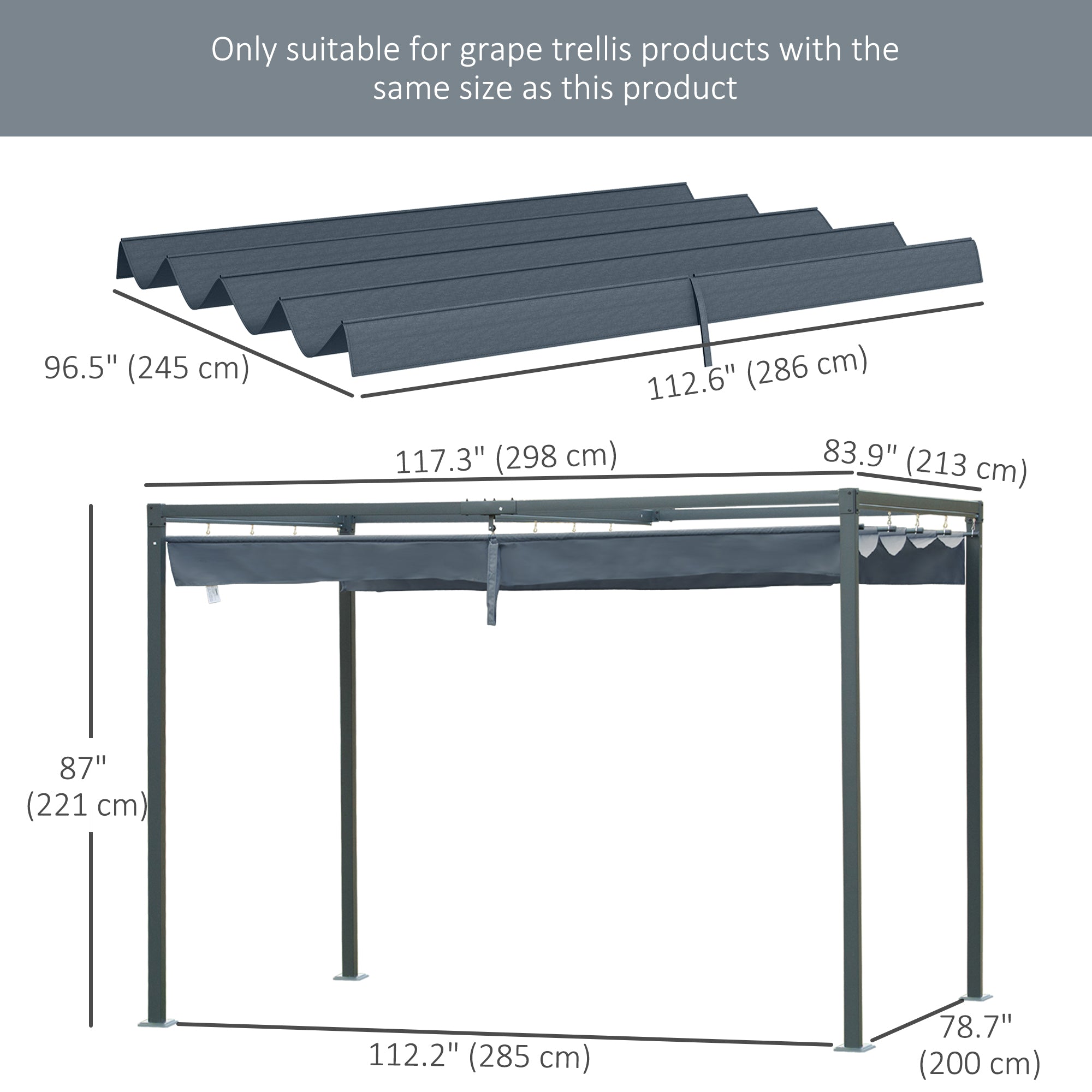 Outsunny Pergola Canopy, Retractable Sun Shade Cover for 9.8' x 7.1' Pergola, UV30+ Protected, Dark Grey
