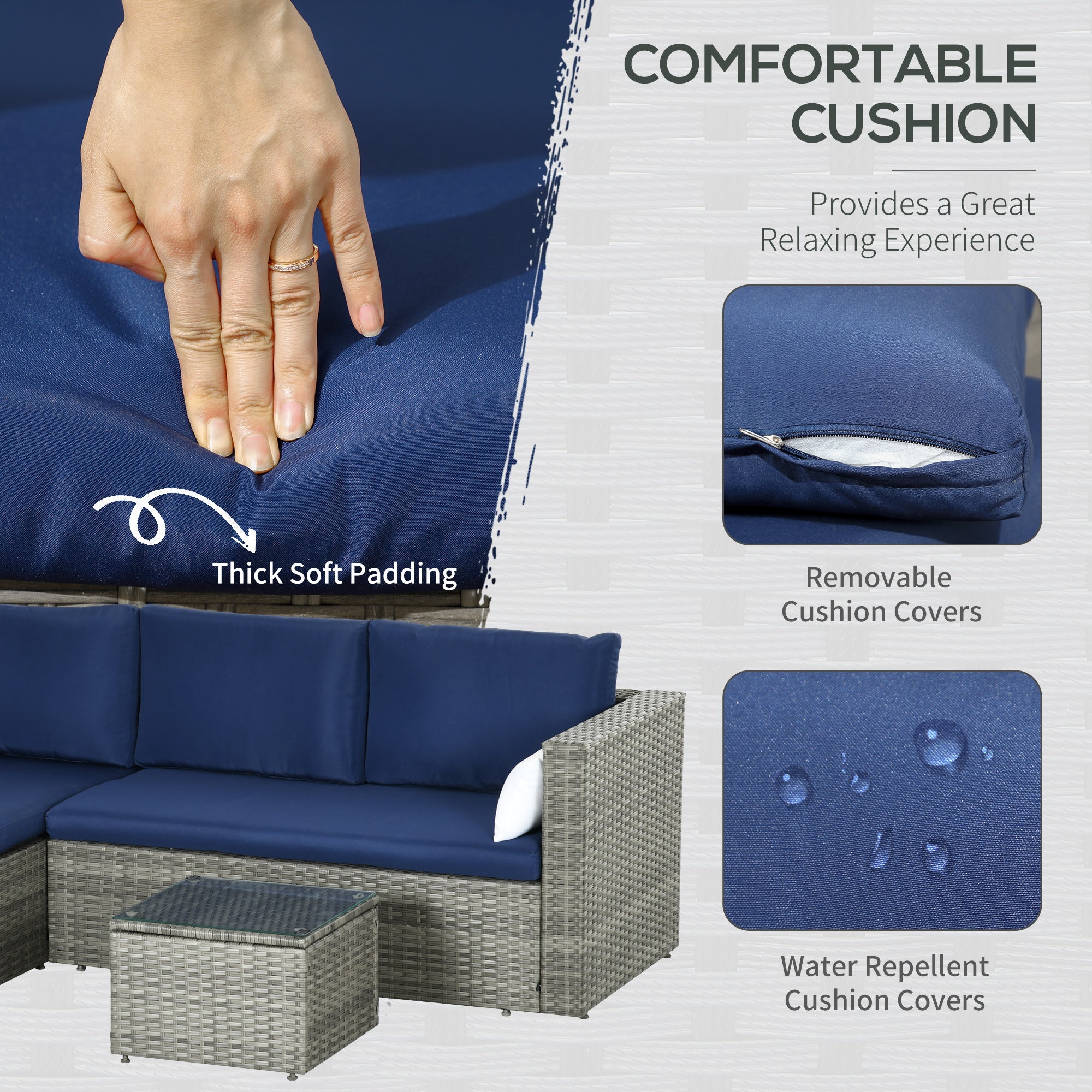 Outsunny Modern 3-Piece Rattan Sofa Set, Wicker Patio Furniture with Coffee Table, Cushions, Pillows for Outdoor