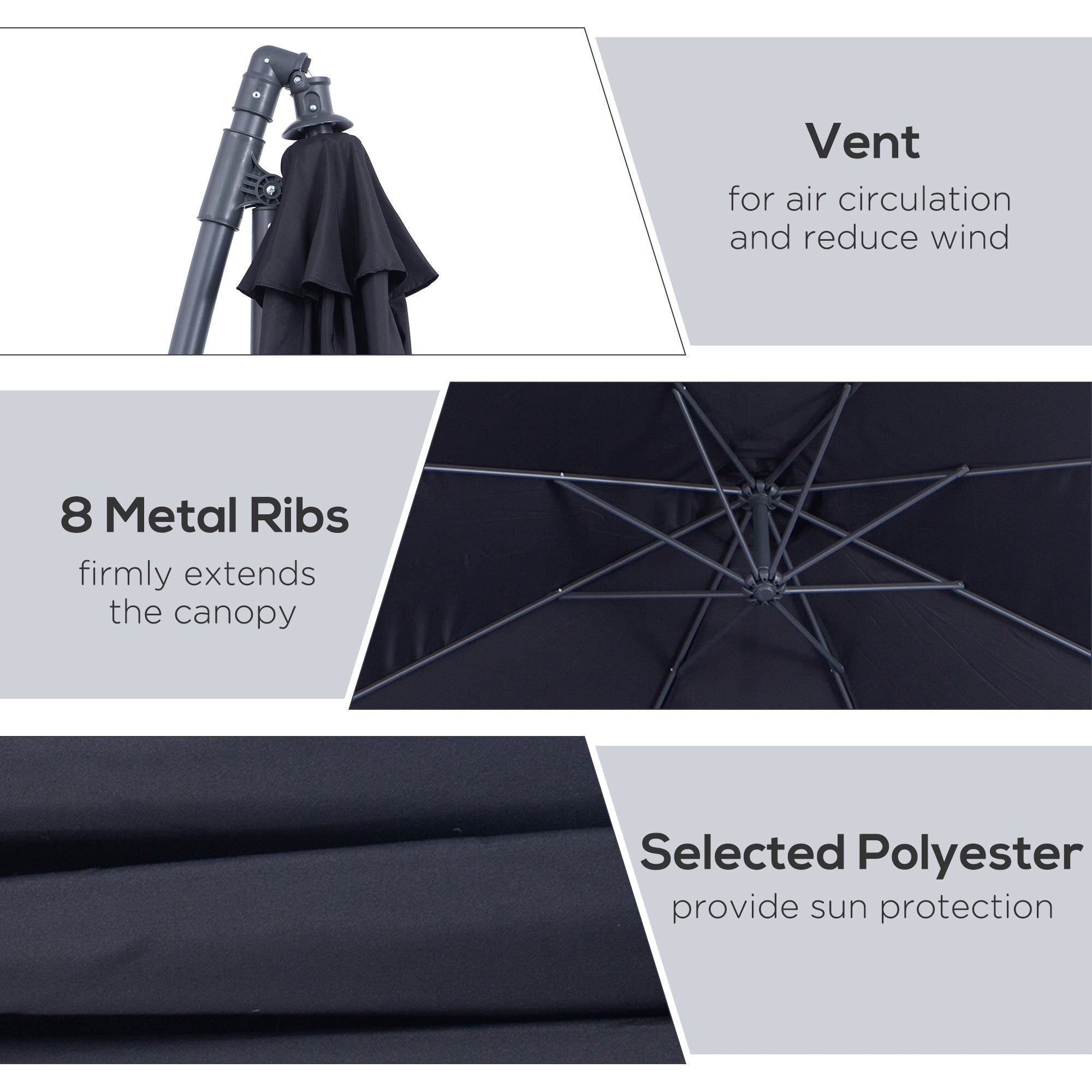 Outsunny Φ10' Offset Hanging Umbrella Patio Sun Shade Canopy Outdoor Market Parasol Crank Lift Cross Base Black