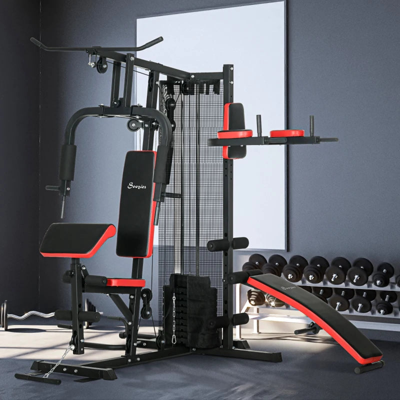 Soozier Multi Home Gym Equipment, Workout Station with Sit up Bench, Push up Stand, Dip Station, 143lbs Weights