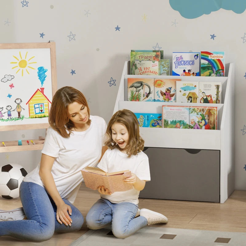 Qaba Kids Bookshelf with 3 Tier Display Shelves, Drawer for Nursery, Grey
