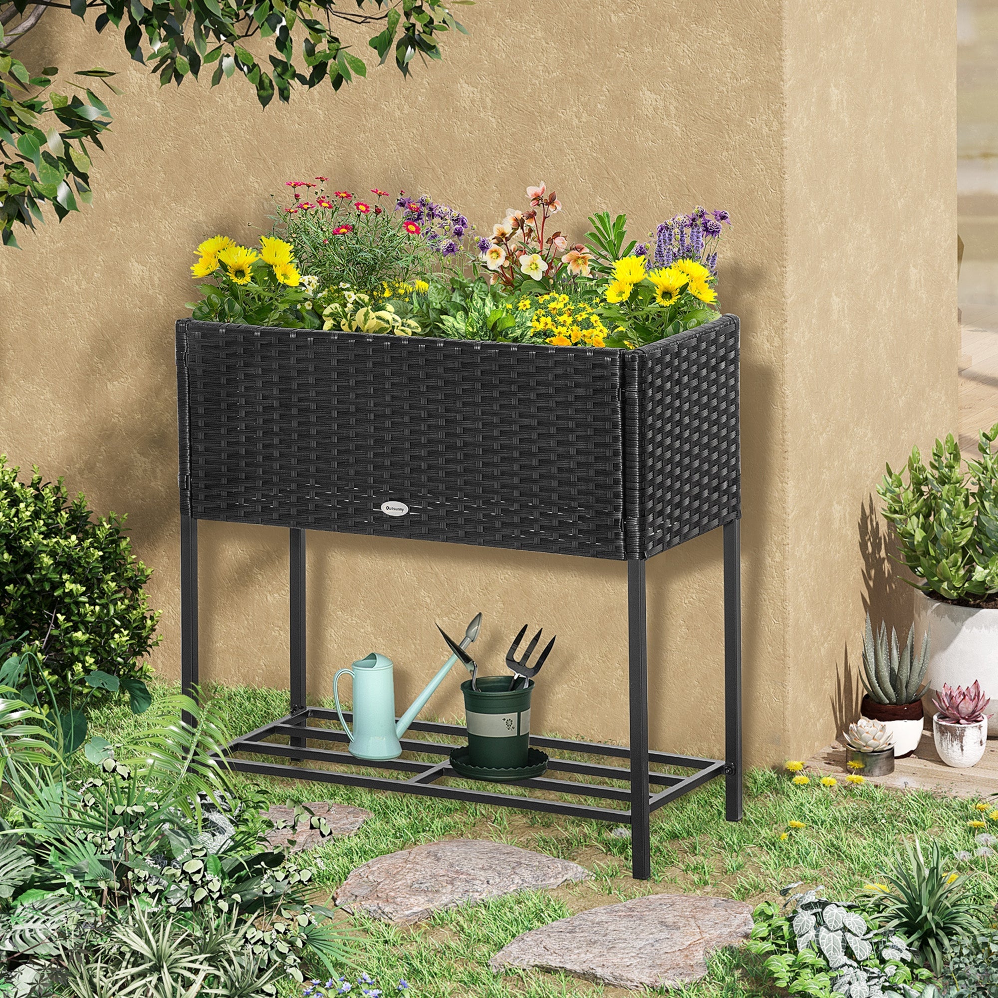 Outsunny Rattan Raised Garden Boxes, Elevated Flower Beds with Storage Shelf for Herbs, Flowers, Vegetables, Black