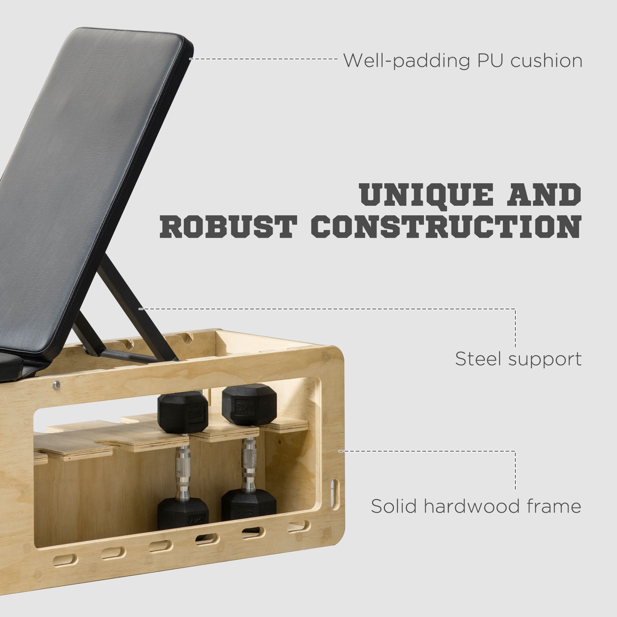 Soozier Wooden Workout Bench Adjustable Incline Dumbbell Rack Resistance Bands Home Gym