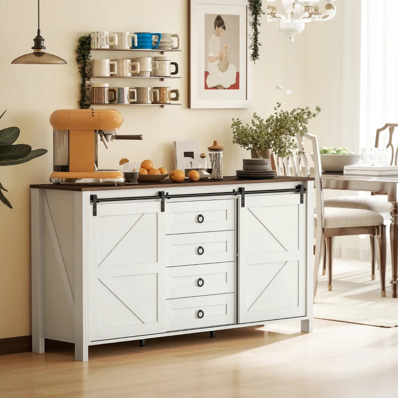 60" Buffet Cabinet, Farmhouse Sideboard with Sliding Barn Doors, Drawers and Adjustable Shelves, Cream White